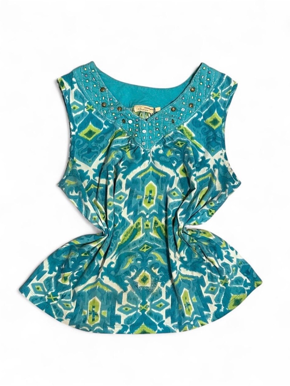 Women’s Y2K Choices Aqua Blue Green Geometric Print Sleeveless Beaded Top Large